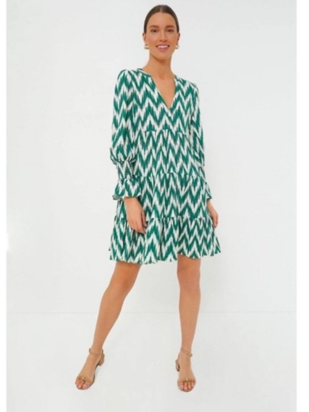 Tuckernuck Pomander Place Kenzo Dress Green Ikat Long Sleeves Tiered XXL